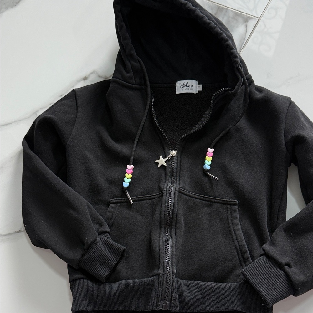 Lola + The Boys Black Hoodie with Heart Beads